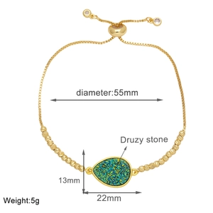 Detail view of adjustable gold plated druzy stone bracelet with 55mm inner diameter