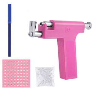 Detailed ear piercing kit with pink applicator gun, steel studs, marker and silicone backs