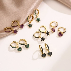 Heart Star Huggie Hoop Earrings Copper Micro Pave Cubic Zirconia Colorful Dangle Earrings For Women Fashion Jewelry