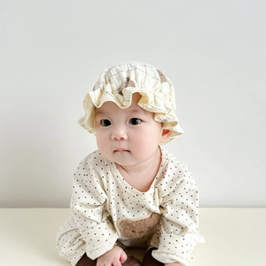 Infant yellow plaid bonnet and polka dot romper with brown teddy bear patch