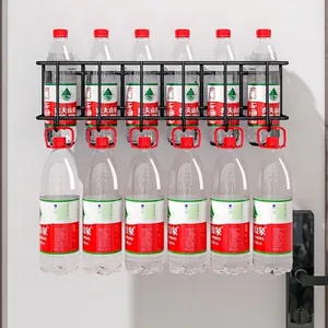 Wall-mounted black metal storage rack showing heavy-duty load capacity with bottles