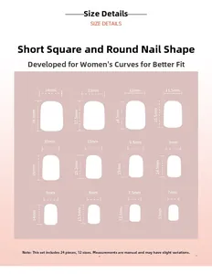 Size chart showing 24 pieces of short square round press-on nails in 12 different dimensions