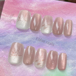 Faux Ongles À Presser Œil De Chat Motif Bambou Dégradé Rose Mauve Forme Cercueil Court Style Oriental