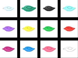 Leaf-shaped personal safety alarms in 12 colors featuring a metal keychain and side button