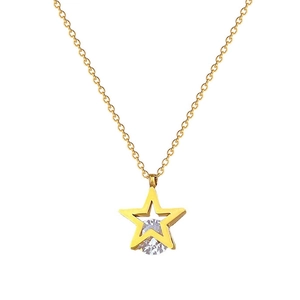 Gold titanium steel necklace with star pendant and clear zircon on white background