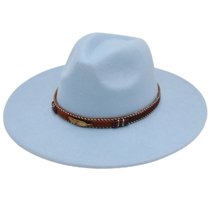 Classic light blue wool felt fedora hat with bohemian ethnic band and gold feather charm