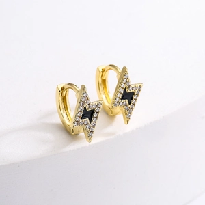 Minimalist 18K gold plated lightning bolt huggie earrings with black enamel and zircon