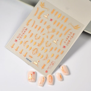 5D embossed autumn wheat harvest nail art stickers with golden swan and calligraphy