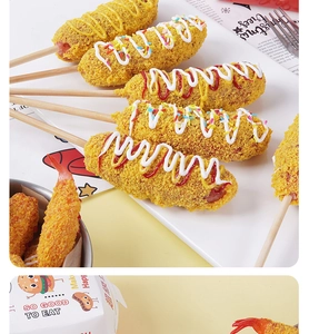 Detailed macro view of realistic corn dog props with crunchy coating and vibrant sauces