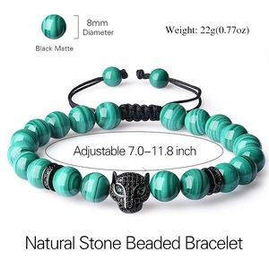 8mm malachite bead bracelet featuring a black micro-pave zircon leopard head charm