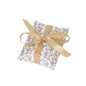 Elegant white pillow gift box with golden vine patterns and a decorative silk bow