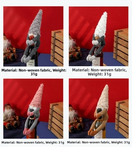 Detail of non-woven faceless gnome wine bottle covers with long hats and thick beards