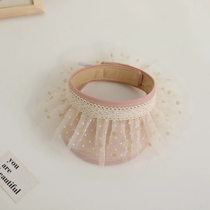 Pink children's open top straw sun hat with lace edge and golden polka dot mesh