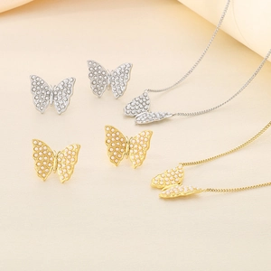 Elegant stainless steel butterfly jewelry set with pearls in gold and silver finish