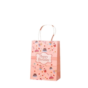 Pink paper birthday gift bag with Happy Birthday text and colorful dessert illustrations