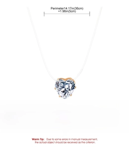 Size chart and weight details of clear heart pendant necklace with fish line chain