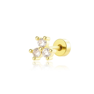 Classic 18K gold geometric screw back stud earrings with three round sparkling zircons