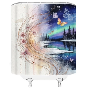 Detail of waterproof shower curtain with watercolor aurora forest and butterfly design