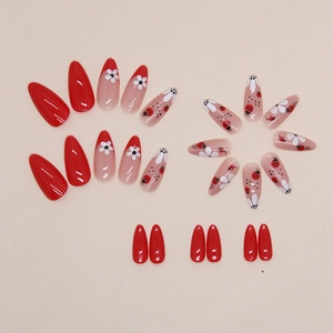 Almond ladybug and daisy press-on nails set with red glossy finish, 24 pieces