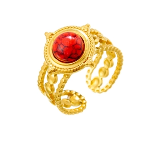 Vintage gold-plated stainless steel wide band ring featuring a round red turquoise stone