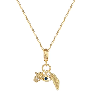 Gold plated Hamsa hand and evil eye necklace with blue gemstone and feather charms