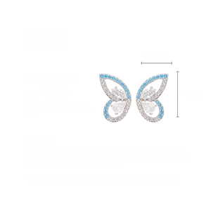 Detail view of butterfly earrings made of copper and cubic zirconia with size dimensions