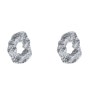 Modern metallic hollow oval earrings with wrinkled texture and minimalist silver studs