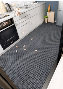 Detailed view of dark grey waffle texture kitchen runner mat in a modern kitchen setting