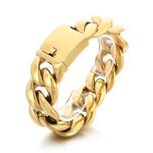 Polished 25mm chunky gold Cuban link bracelet with fold-over clasp for men on white background