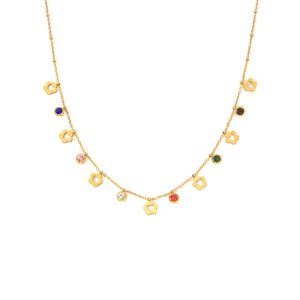 Detail of gold-plated necklace featuring multi-color gemstones and hollow floral charms