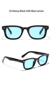 Detail view of square retro sunglasses in glossy black frame with light blue lenses