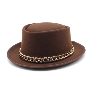 Women's dark brown wool fedora with flat top and chunky gold chain link band