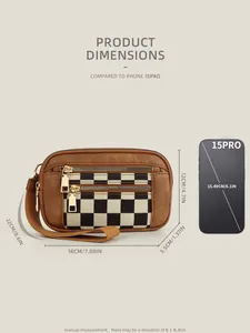 Detailed dimensions of transparent PU wristlet card bag compared to an iPhone 15 Pro