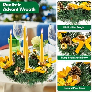 Detail of Advent wreath with green pine needles, golden ornaments, and four long candles