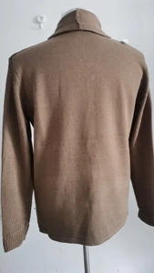 Back view of a men's brown knit hooded cardigan with long sleeves and ribbed texture
