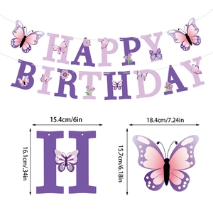 Purple and pink butterfly happy birthday banner decorations for girls party with dimensions