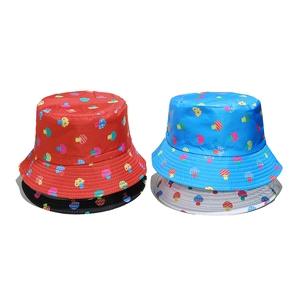 Colorful mushroom print sun bucket hats for women in red, blue, black and white set
