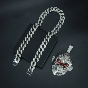 Iced out silver gorilla pendant with red eyes and Cuban link chain set for men