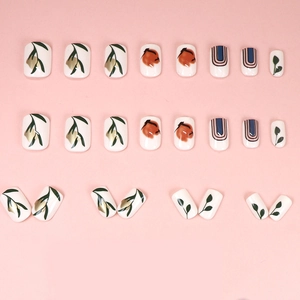24pcs square-oval press-on nails with green leaf designs and gold foil marble art