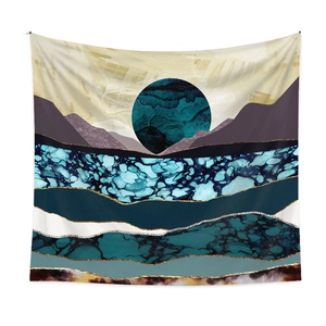 Detail of abstract landscape tapestry with marble texture, sun, and golden outlines