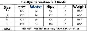 Tableau des tailles pour pantalons de costume amples pour femmes du XS au L avec mesures