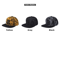 Detailed color display of flat brim caps in yellow, grey, and black with R embroidery