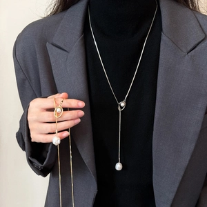 Long Lariat Necklace With Alloy Snake Chain And Baroque Imitation Artificial Pearl Pendant Adjustable Geometric Circle Minimalist Jewelry For Women