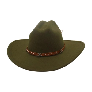 Detail of olive green fedora hat featuring star-studded brown leather band