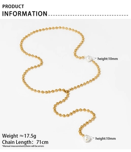 Detailed product dimensions for gold Y-lariat necklace with white pearls and beads