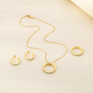 Elegant gold stainless steel jewelry set with round crystal pendant necklace and earrings