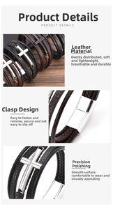 Macro shot of multi-layer braided leather bracelet with cross charm and magnetic clasp