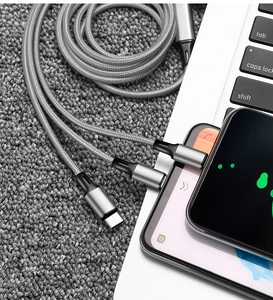 Macro shot of 3-in-1 nylon braided cable with Type-C, Micro, and Lightning connectors