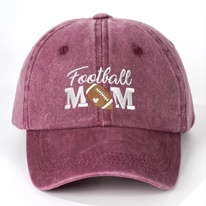 Vintage washed burgundy baseball cap with white Football MOM embroidery and rugby design