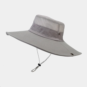 Quick-dry breathable outdoor sun hat with wide brim and mesh panels in light grey